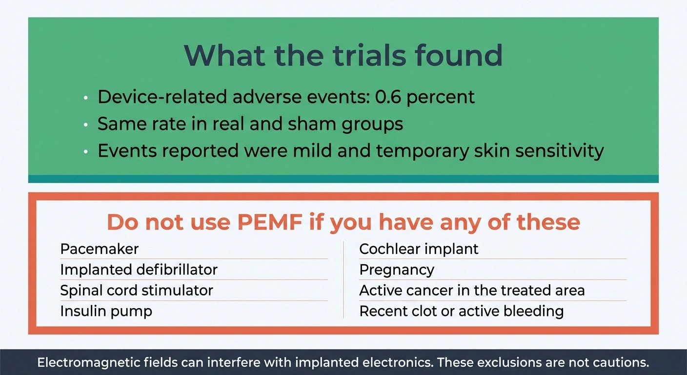 Panel showing PEMF trial safety data above an absolute list of contraindications