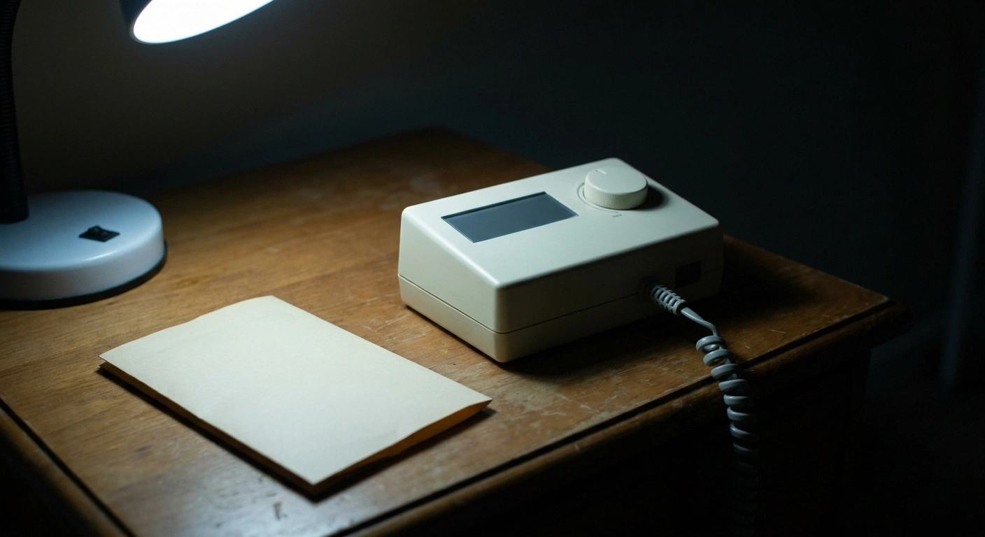 Plain unbranded therapy control unit with a dark display on a bedside table under lamplight