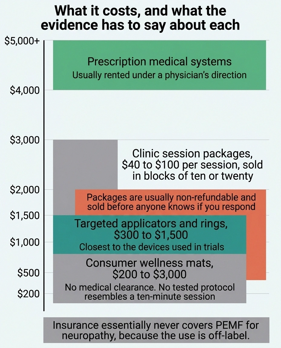 Vertical price ladder comparing PEMF mats, applicators, clinic packages and prescription systems