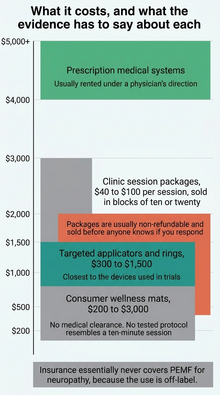 Vertical price ladder comparing PEMF mats, applicators, clinic packages and prescription systems