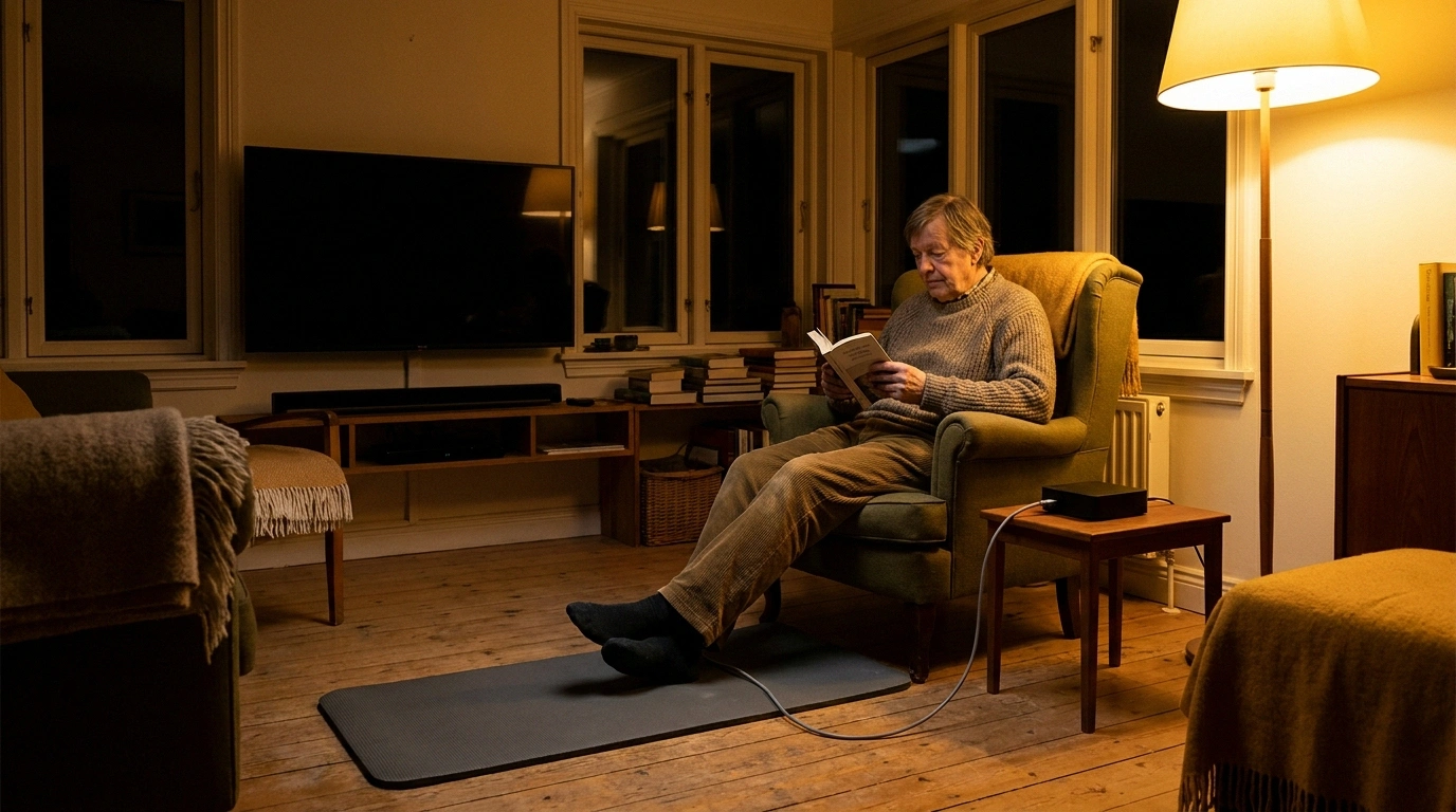 Older adult reading in an armchair with feet resting on a plain therapy mat under warm lamplight