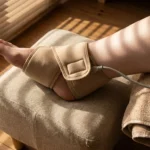 Unbranded fabric therapy wrap fastened around a bare foot resting on a footstool
