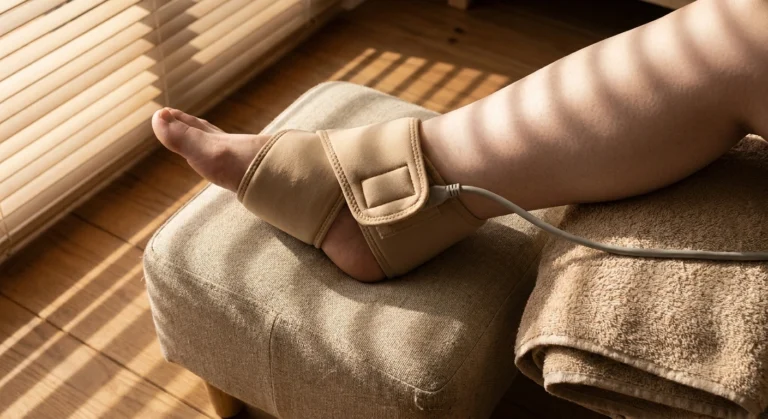 Unbranded fabric therapy wrap fastened around a bare foot resting on a footstool
