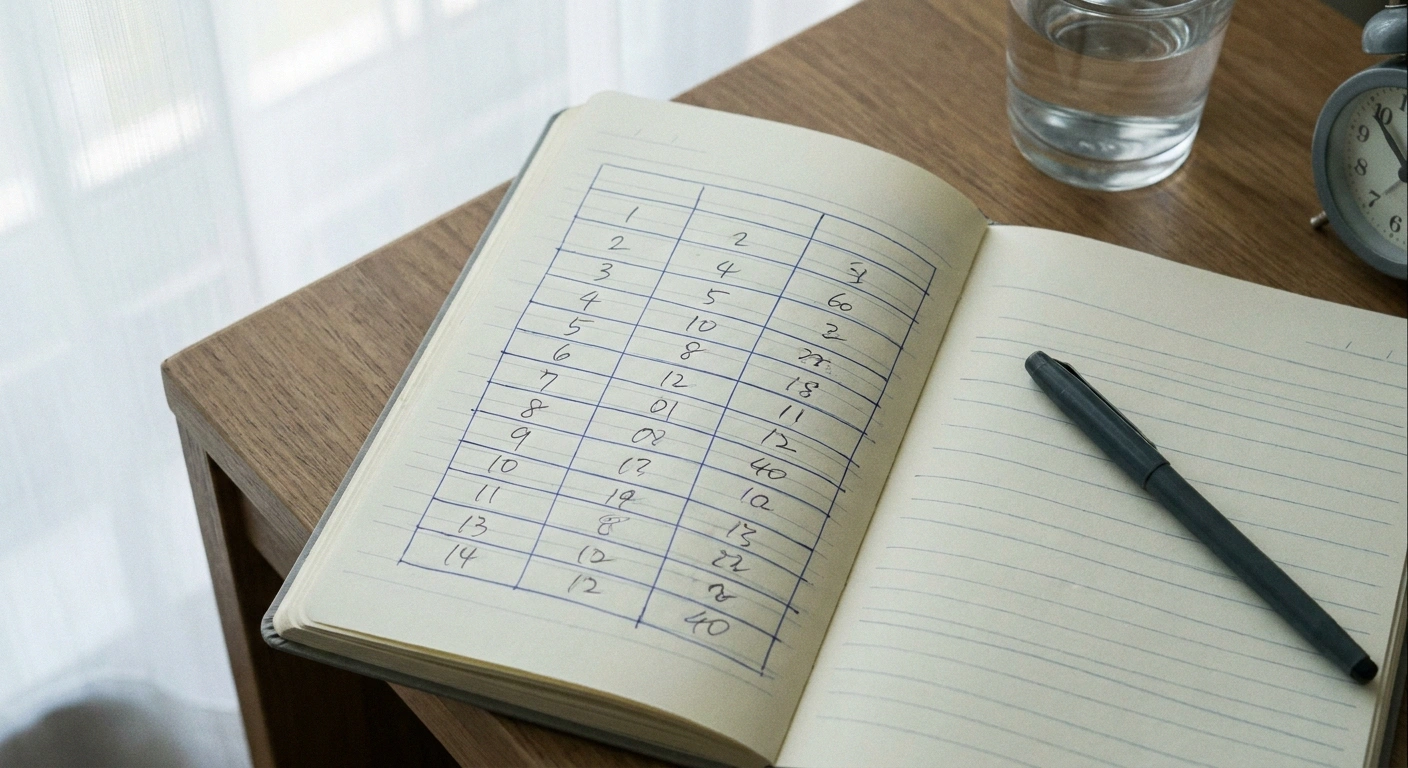 Open notebook with a hand-ruled daily pain grid half filled in, pen resting across the page