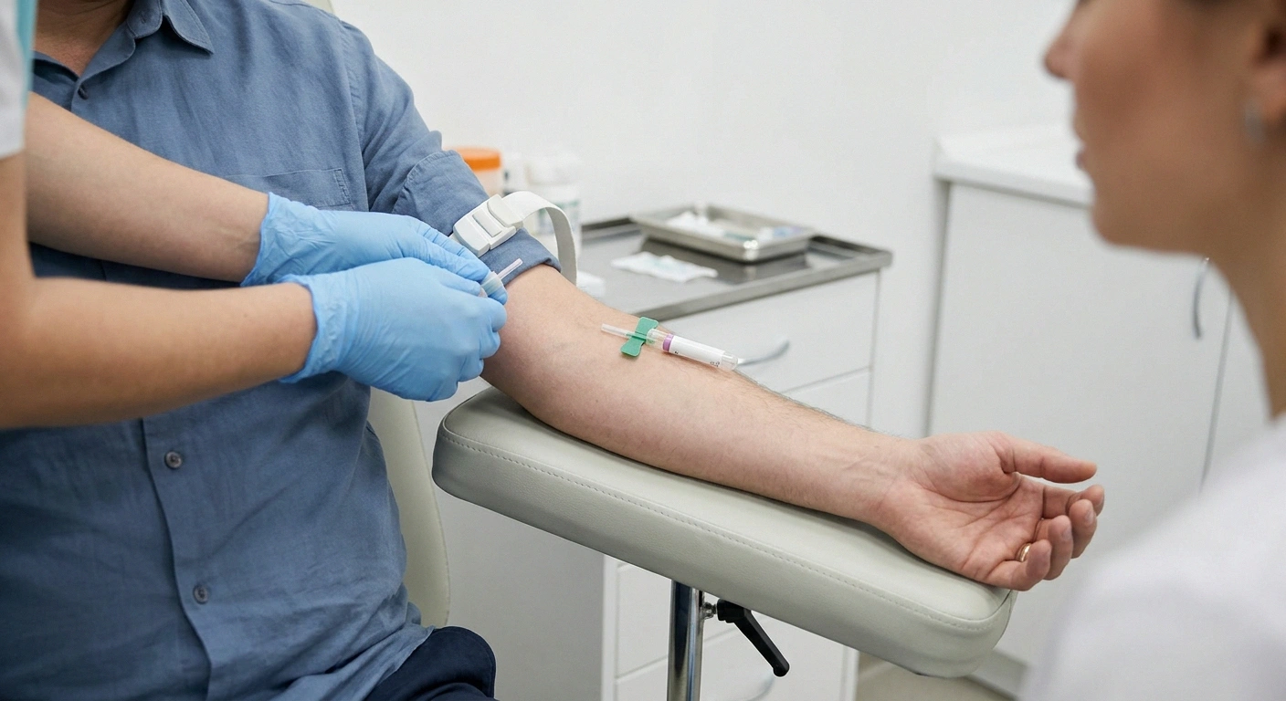 Routine outpatient blood draw with the patient's forearm resting on an armrest