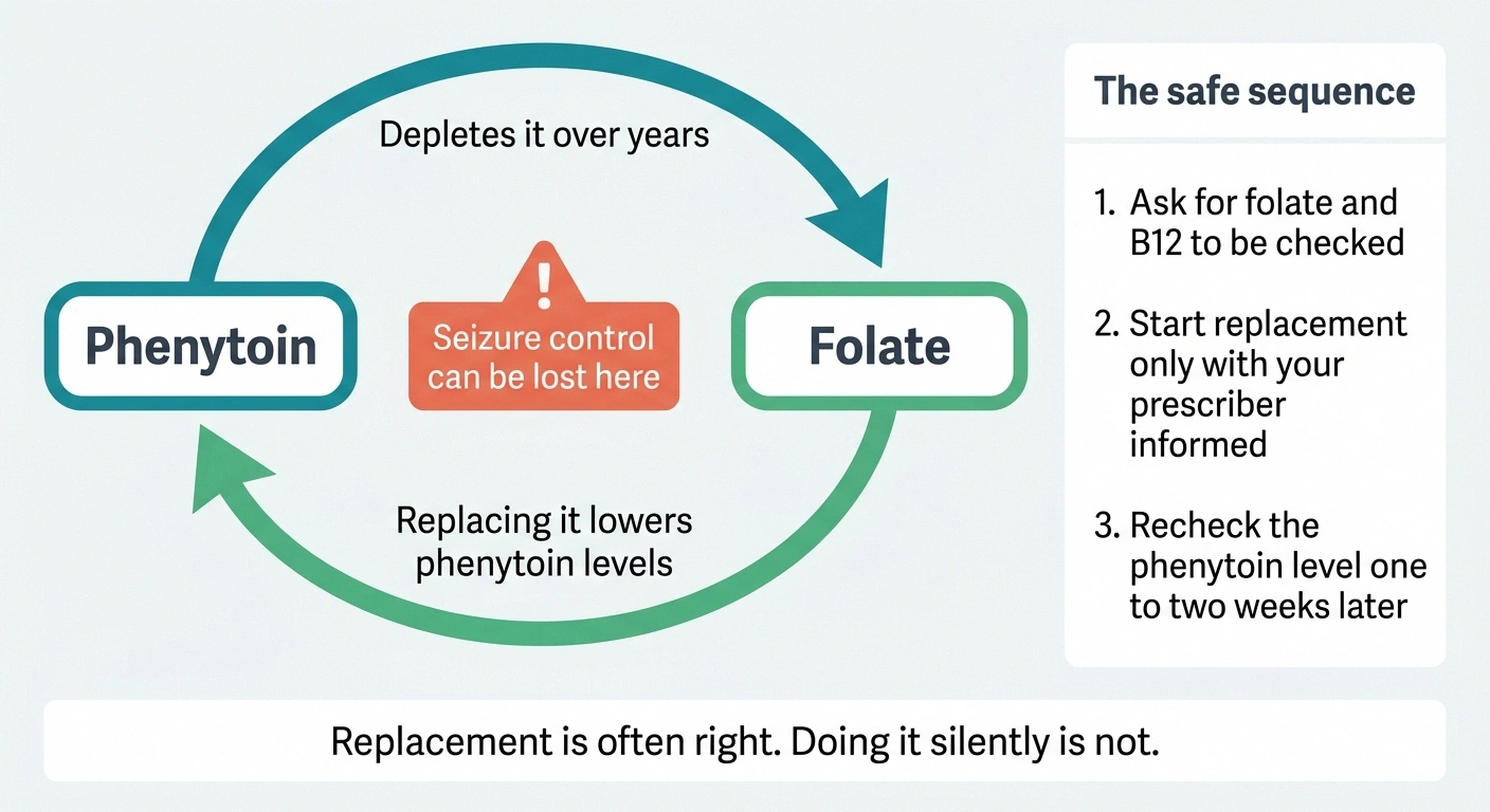 Loop diagram showing phenytoin depleting folate and folate lowering phenytoin levels