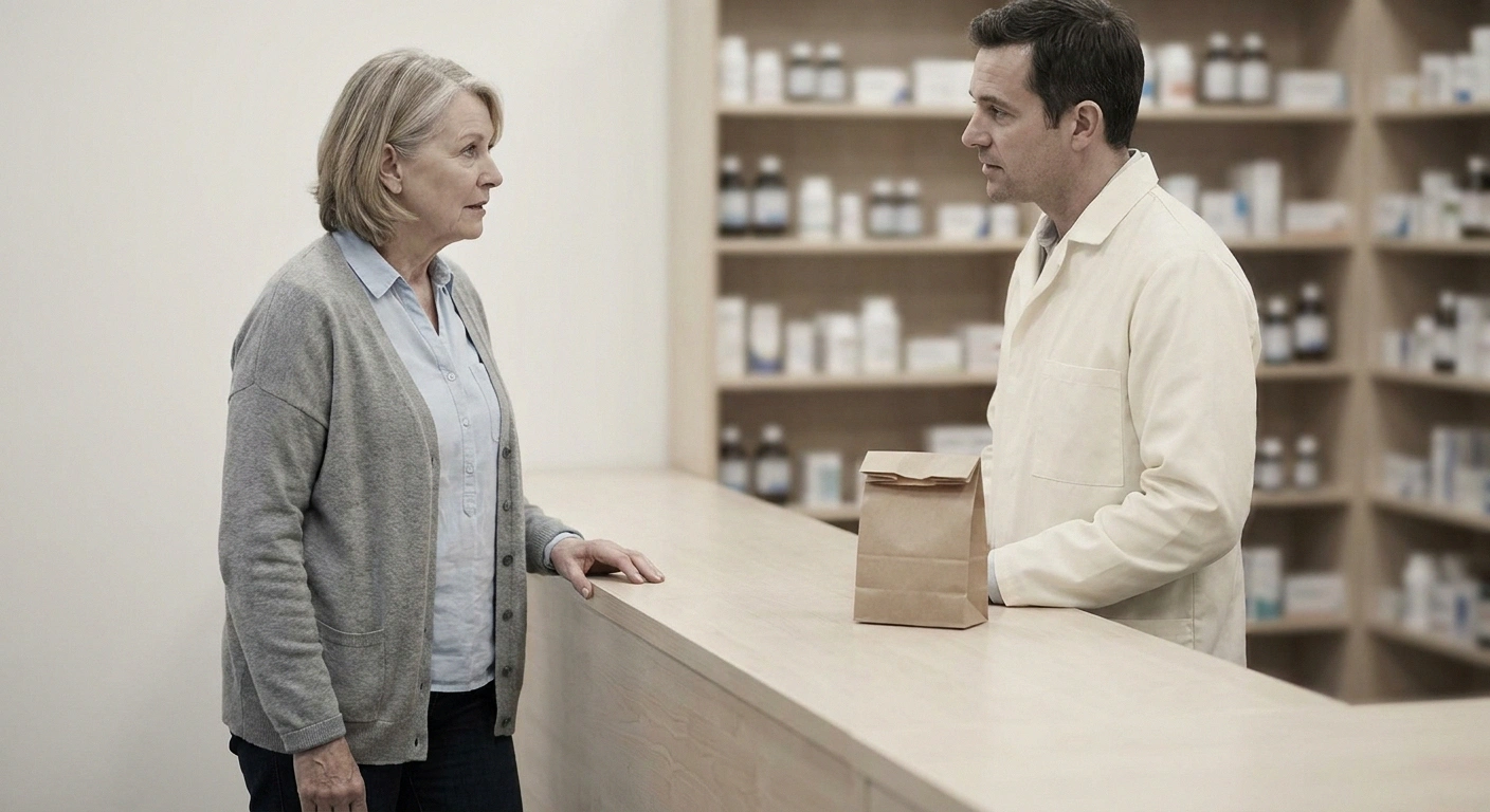 Older woman talking with a pharmacist across a clear pharmacy counter