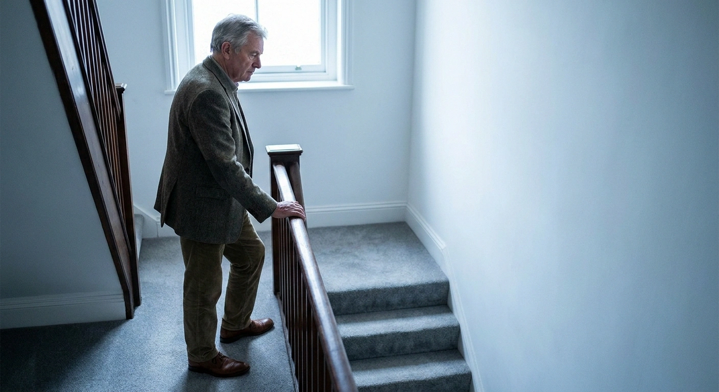 Older man pausing at the top of a staircase, hand on the banister
