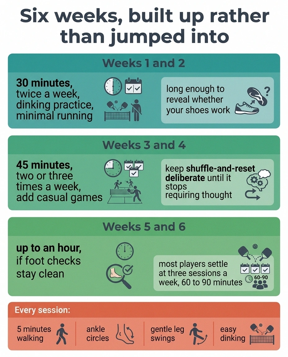 Six-week timeline for gradually building up pickleball playing time