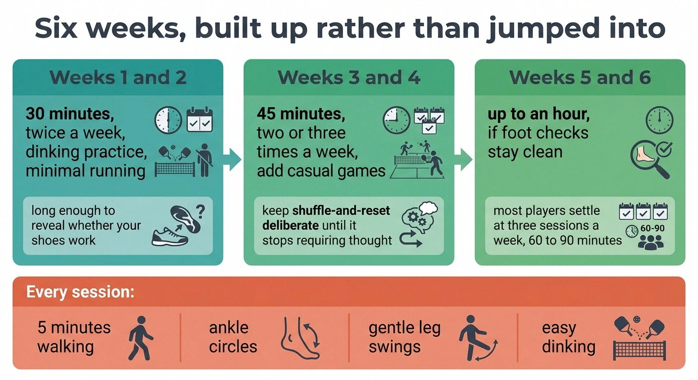 Six-week timeline for gradually building up pickleball playing time