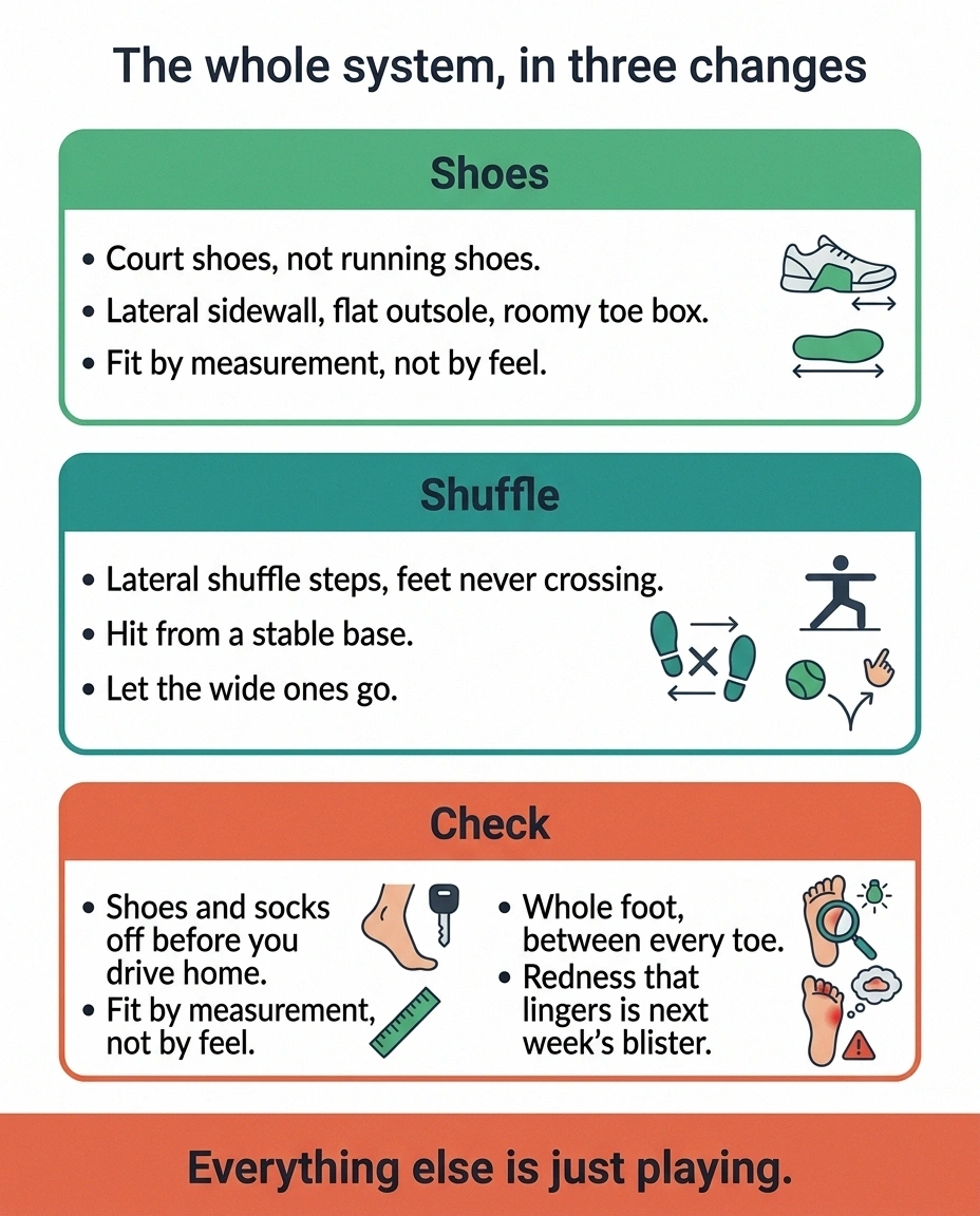Three recap cards summarizing shoes, footwork, and the post-game foot check