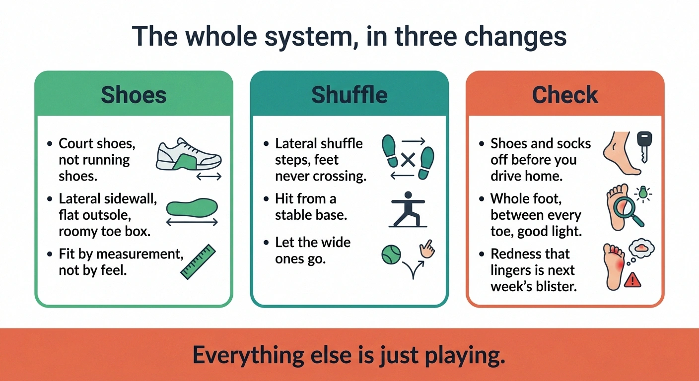 Three recap cards summarizing shoes, footwork, and the post-game foot check