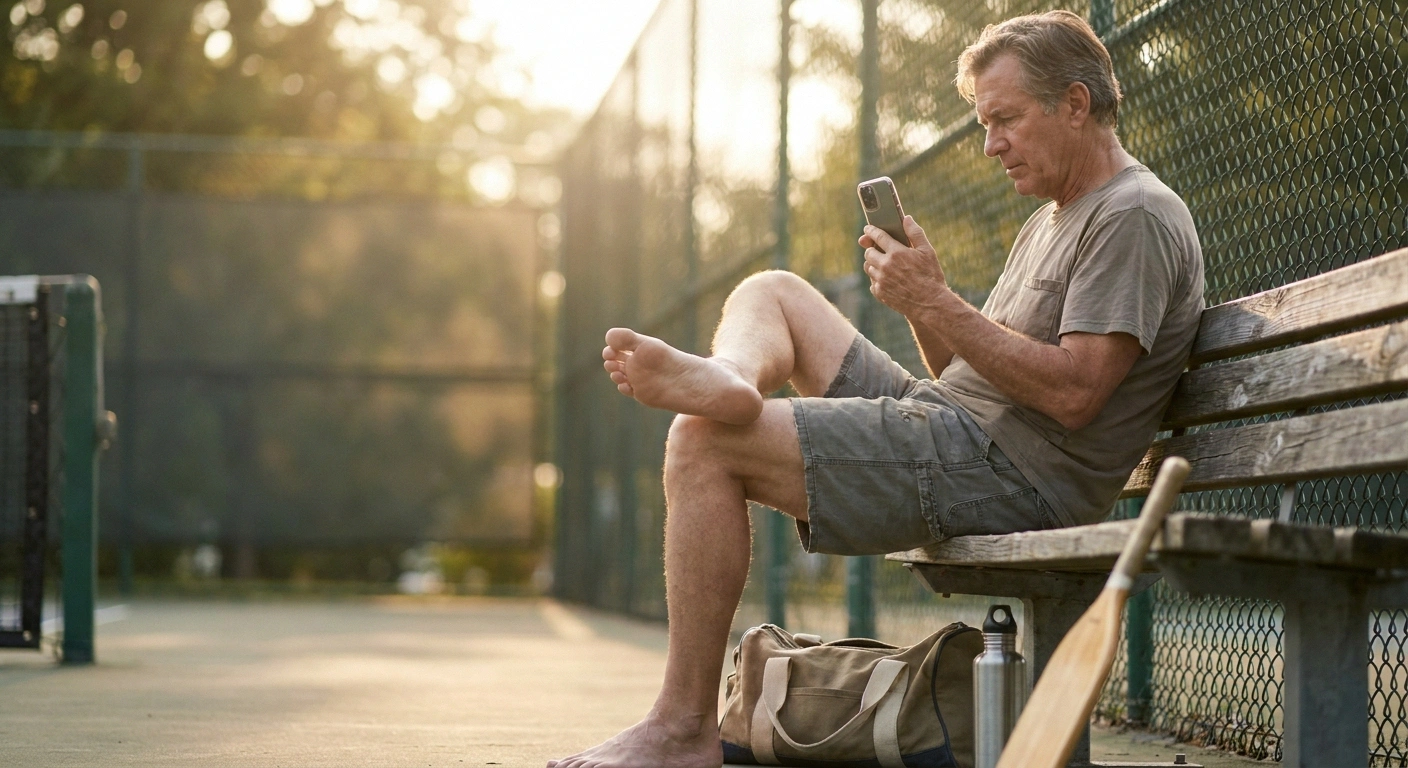 Man checking the sole of his foot with a phone camera on a courtside bench
