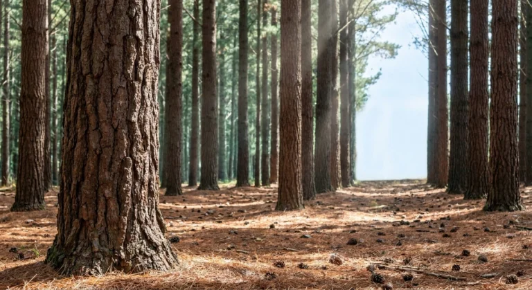 Managed maritime pine forest with textured reddish bark in dappled sunlight