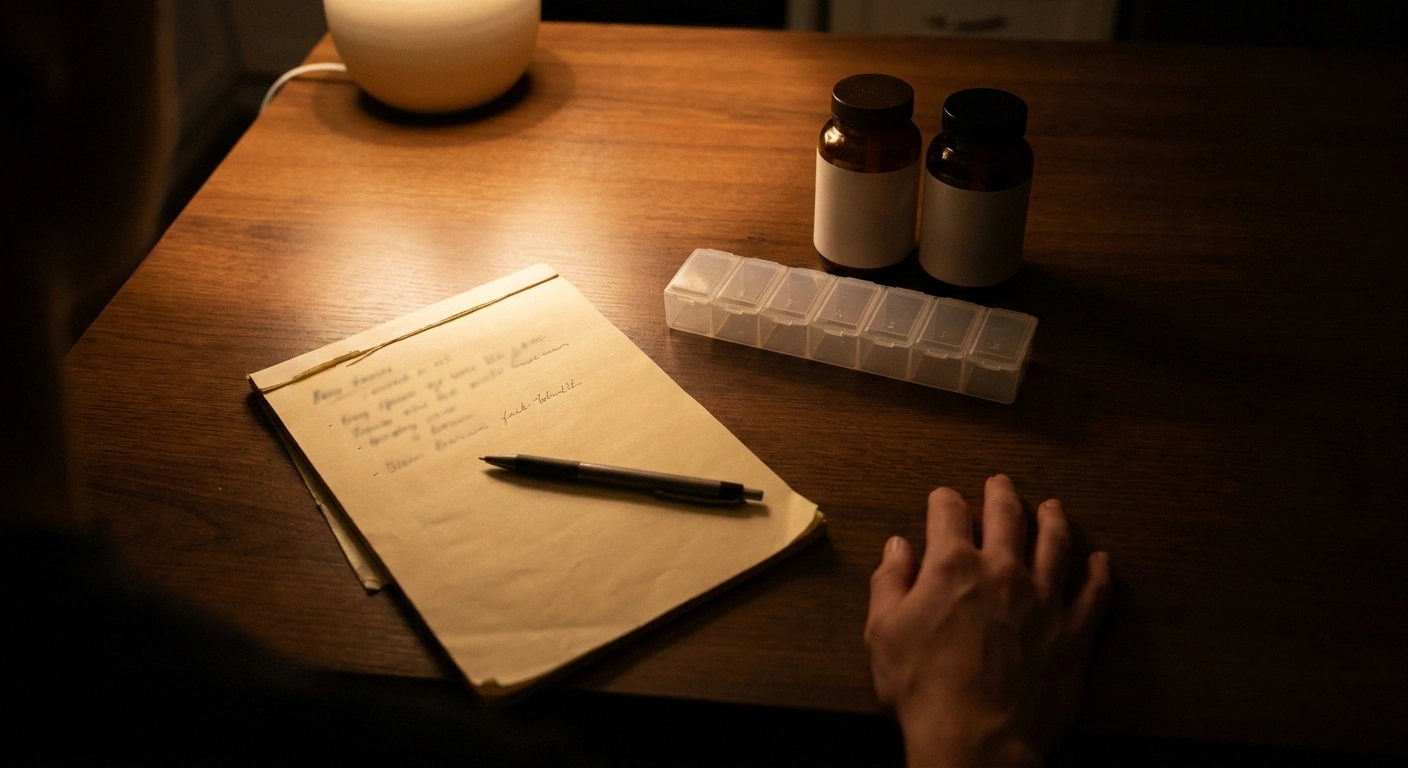 Handwritten list, pill organiser and unlabelled bottles under a warm table lamp at night