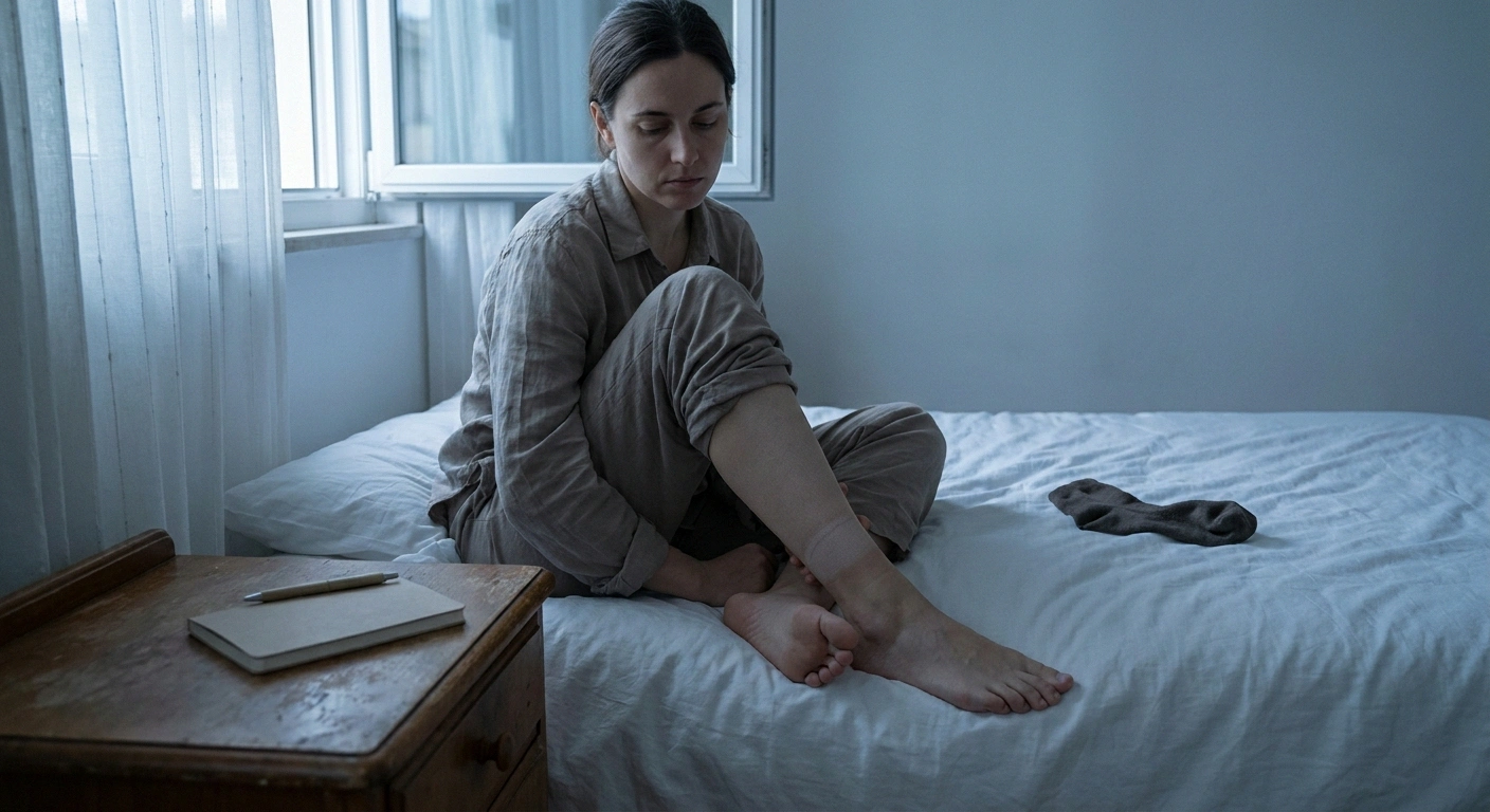Person on a bed edge checking the sock indentation ring on their calf in morning light