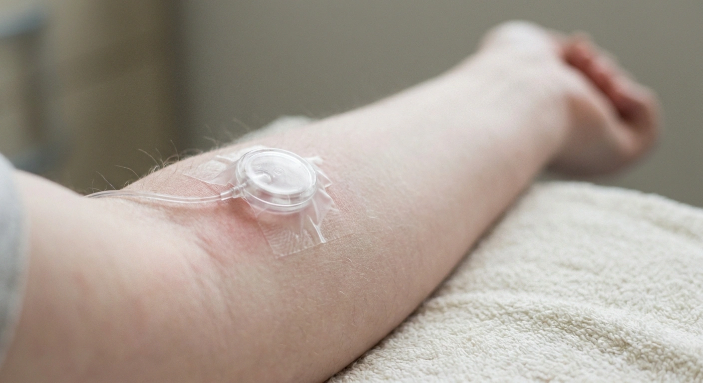 Close-up of a clear sweat-test capsule strapped to the skin of a forearm.
