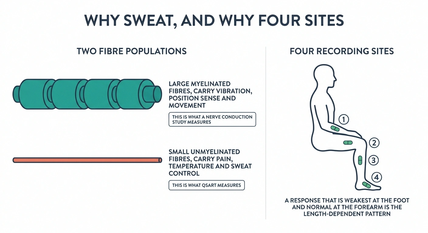Diagram comparing large and small nerve fibres beside the four QSART recording sites.