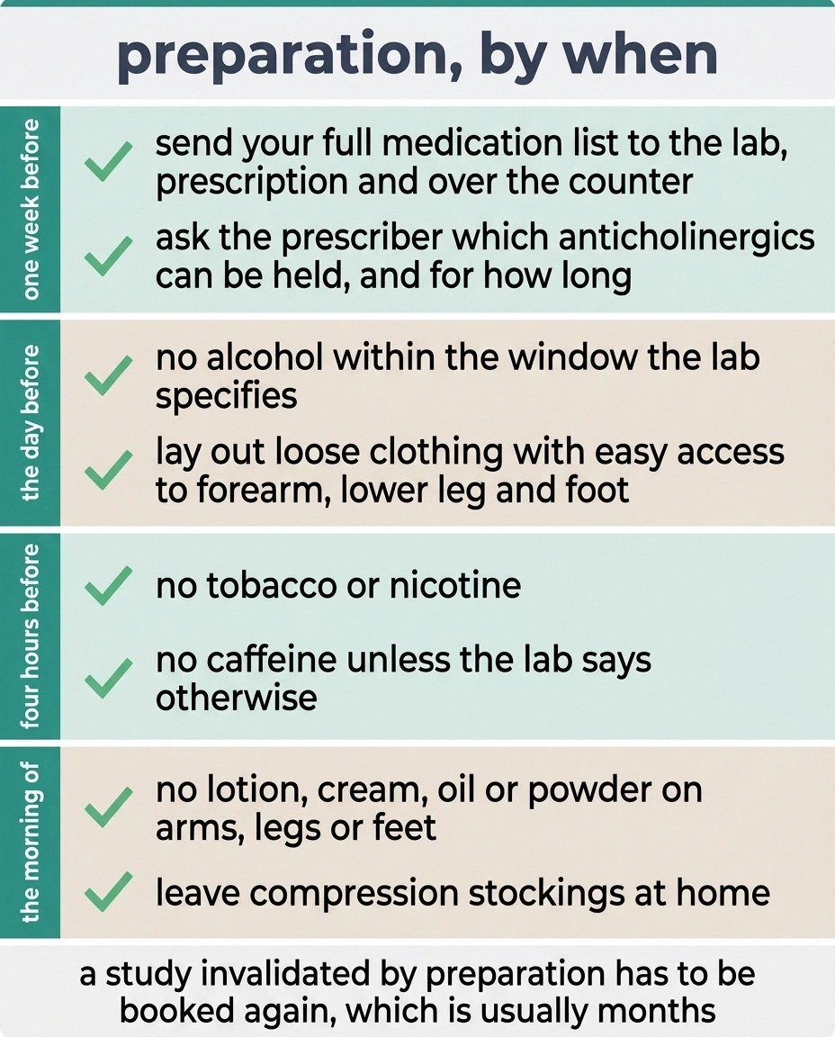 Checklist card of QSART preparation steps by week, day and hour.