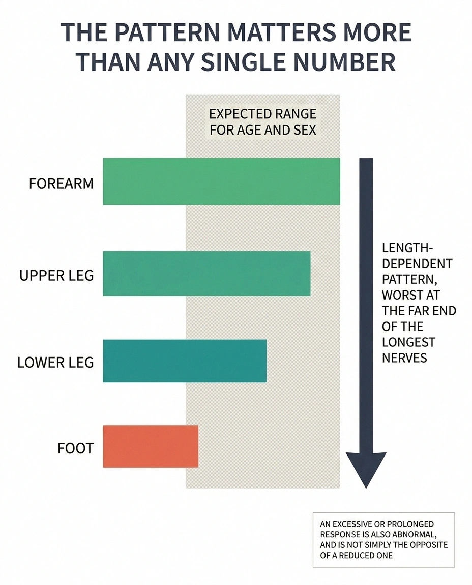 Bar chart showing sweat response falling from forearm to foot in a length-dependent pattern.