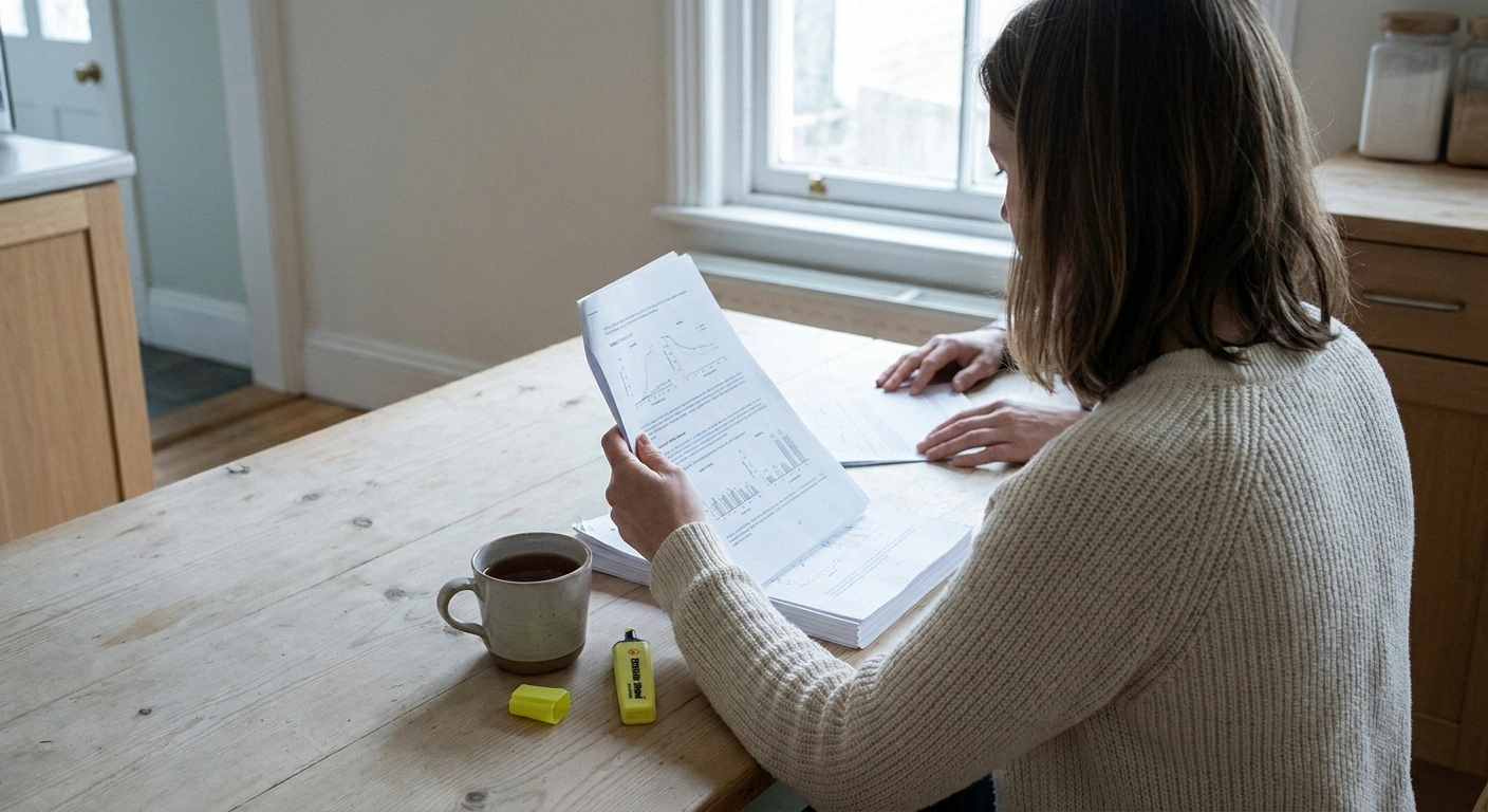 Woman reviewing a printed test report at a kitchen table.