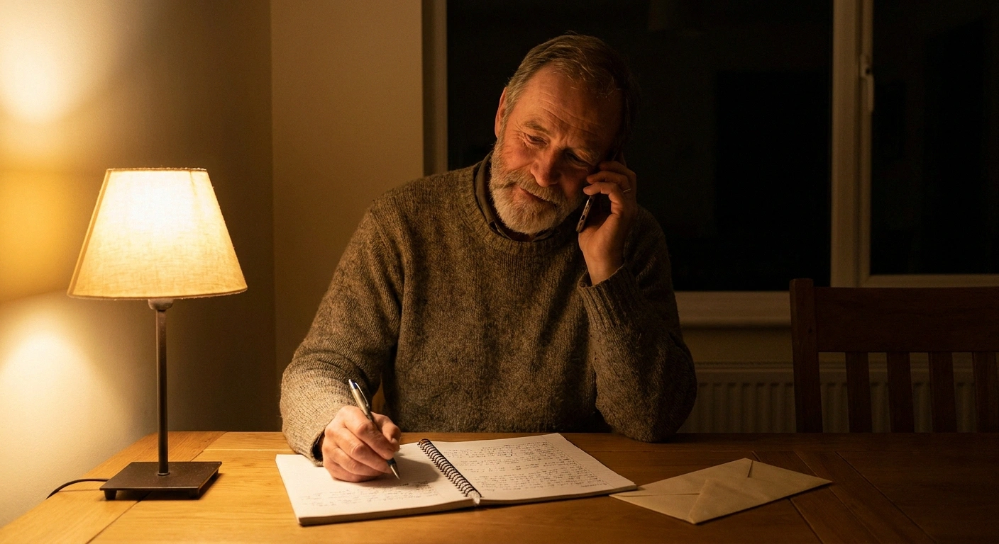 Man taking notes at a table while on the phone.