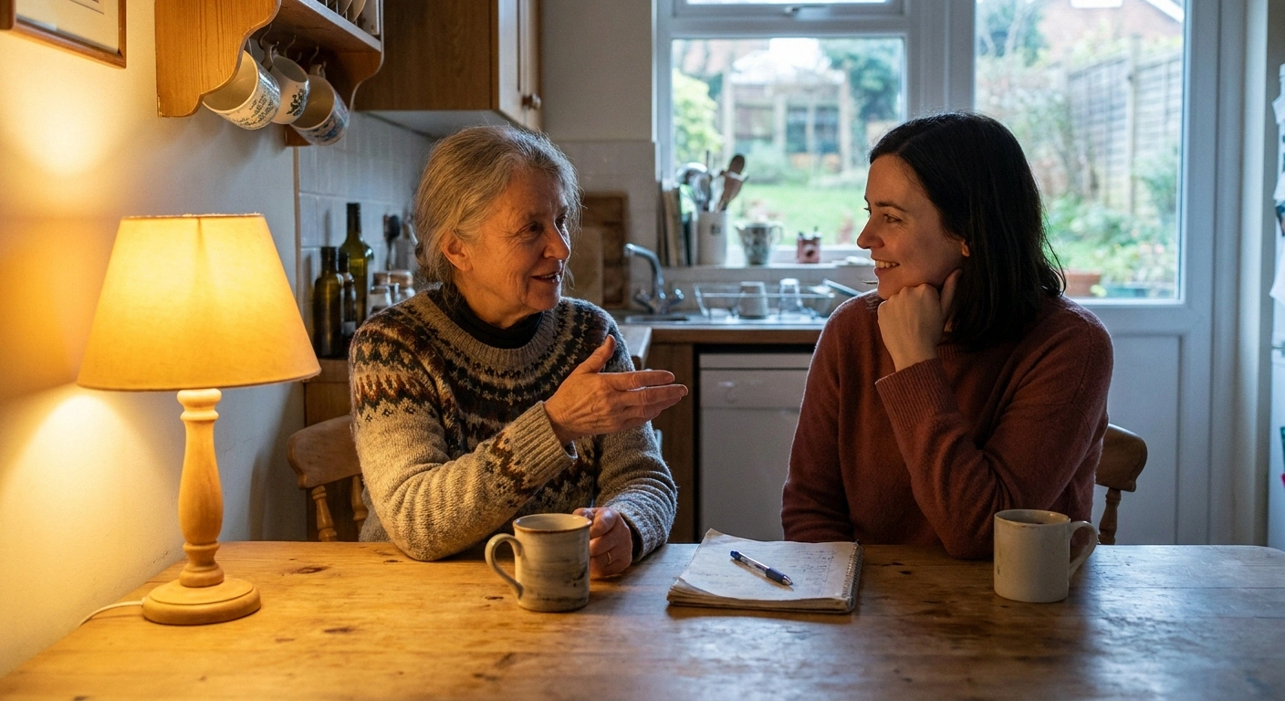 Older woman and adult daughter talking calmly at a kitchen table