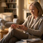 Older woman sitting calmly on a sofa taking her own wrist pulse