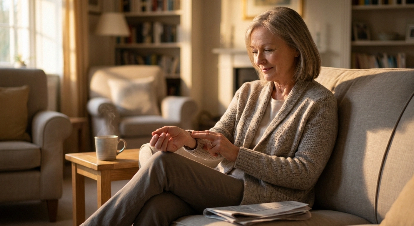 Older woman sitting calmly on a sofa taking her own wrist pulse