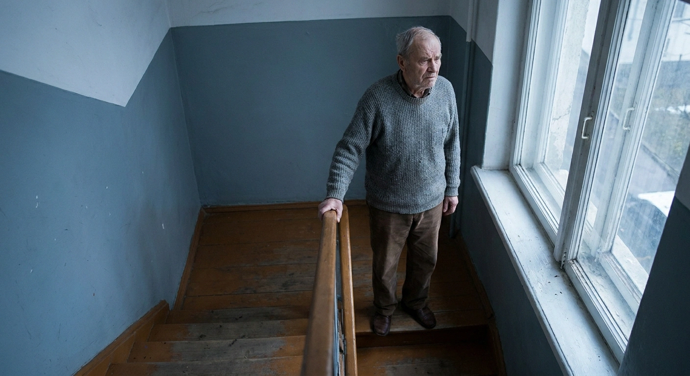 Older man pausing at the top of a staircase with hand on banister