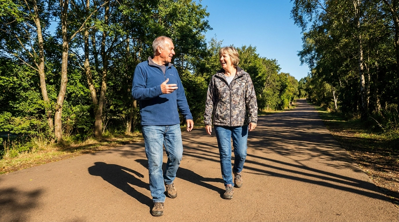 Two older adults walking and talking together on a sunlit path