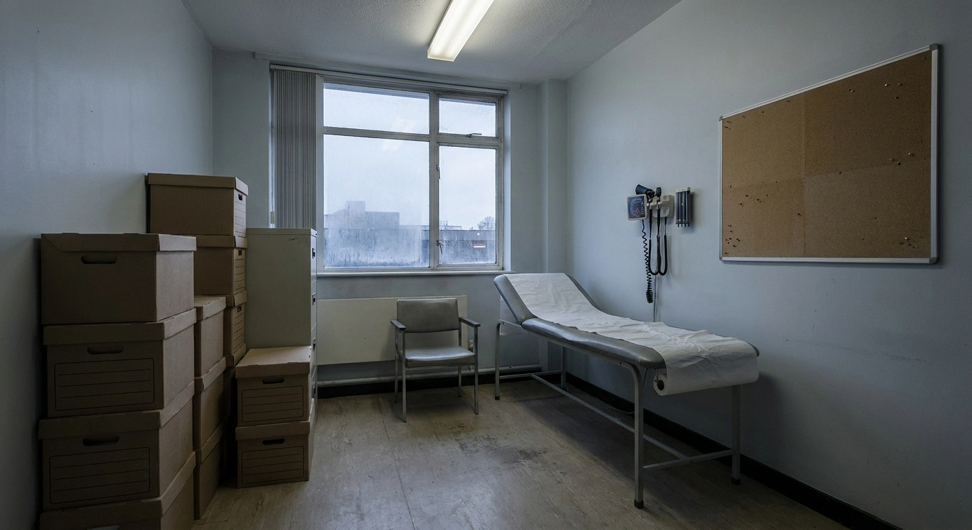 A research room being packed up with document boxes and a bare noticeboard