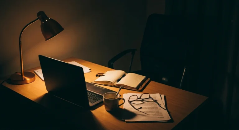 An empty desk chair and lamplit desk with notes and reading glasses at night