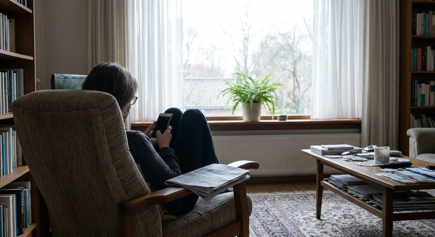 A person reading on a phone in an armchair beside a bright window