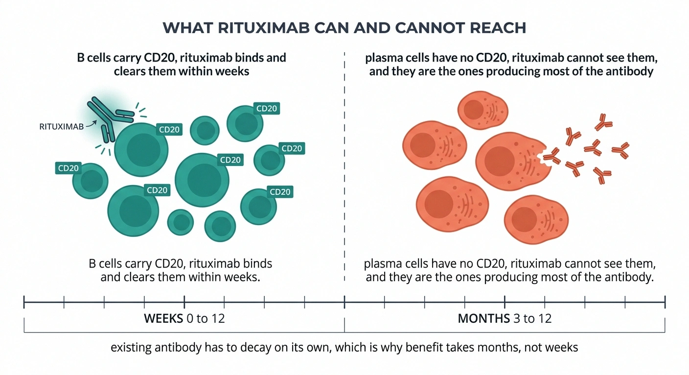Diagram showing rituximab clears B cells but not antibody-producing plasma cells.