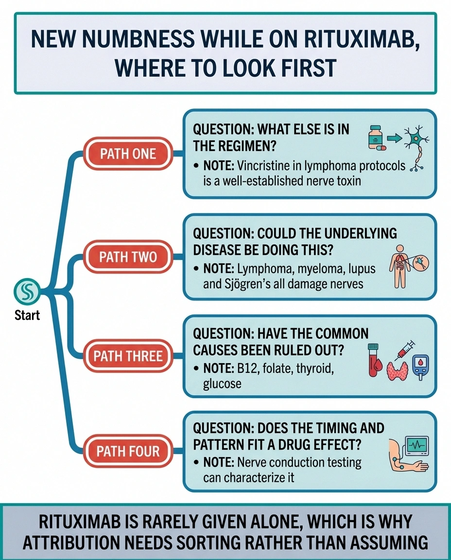 Branching diagram for sorting causes of new numbness during rituximab treatment.