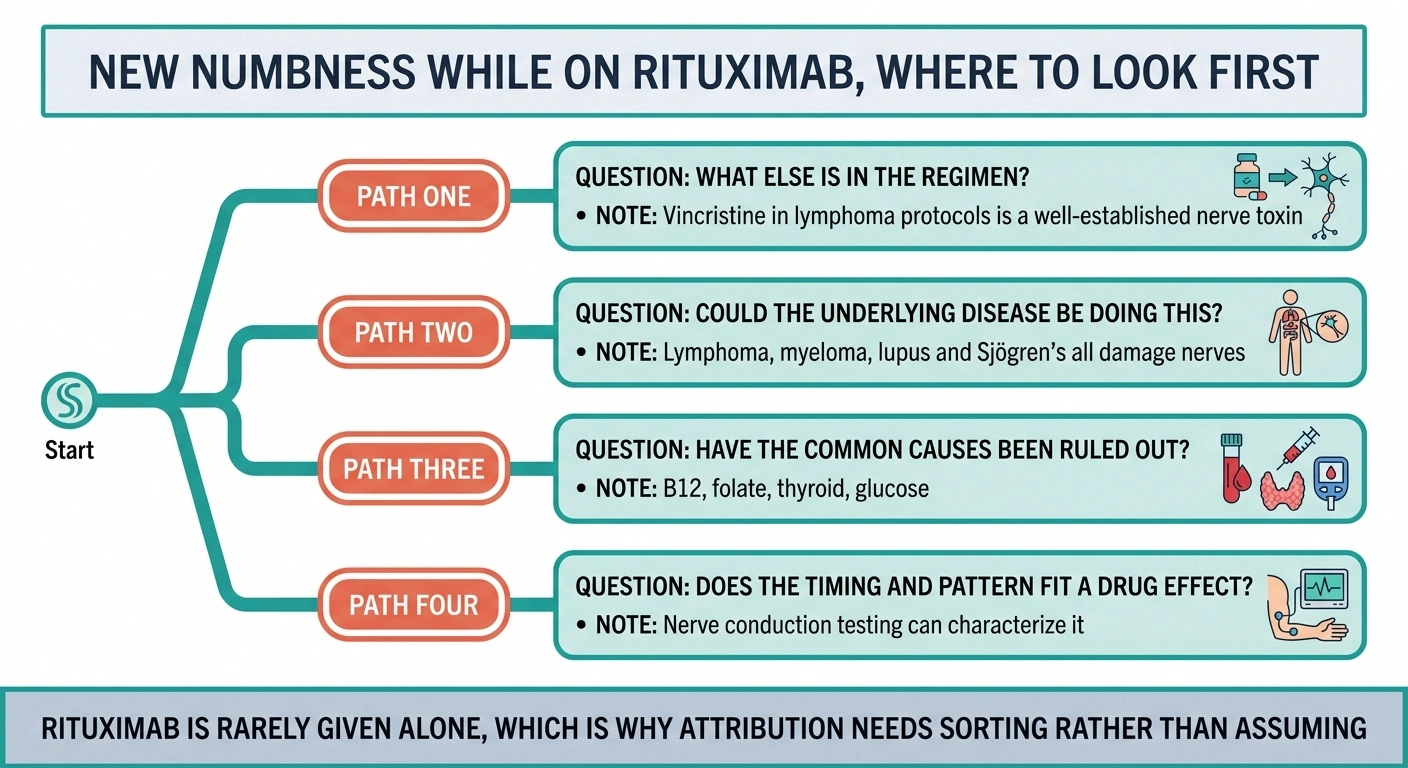 Branching diagram for sorting causes of new numbness during rituximab treatment.
