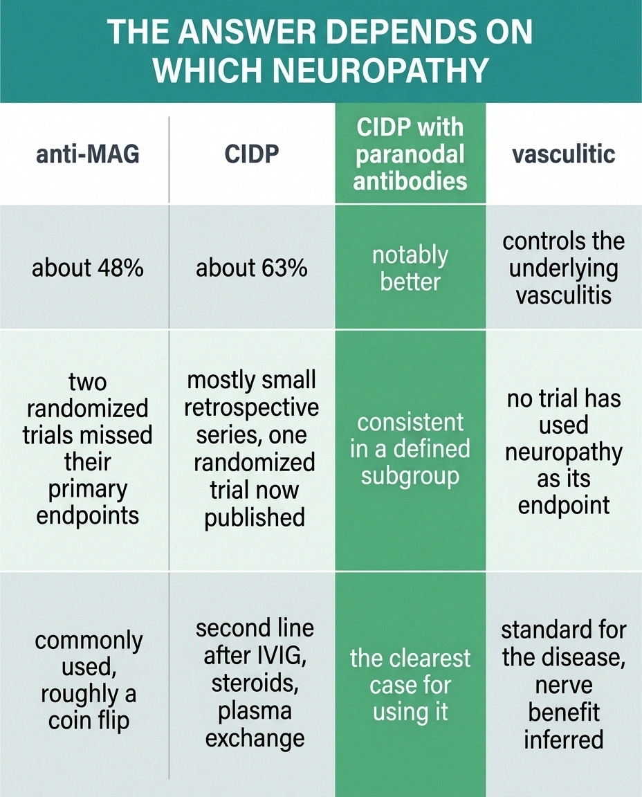Four-column table comparing rituximab evidence across four neuropathy types.