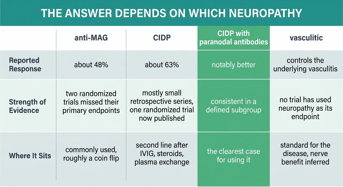Four-column table comparing rituximab evidence across four neuropathy types.