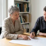 Patient and neurologist leaning over a hand-drawn sketch on a desk.