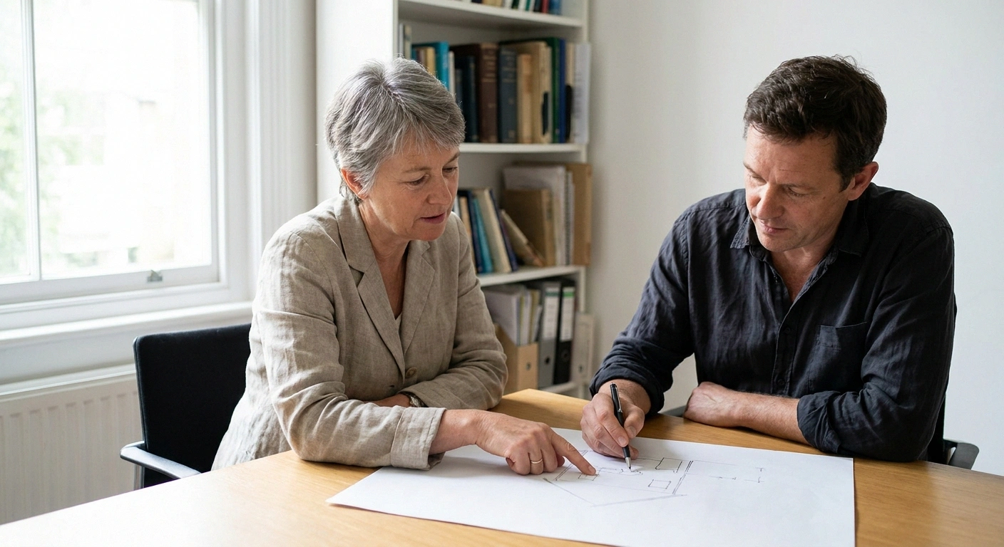 Patient and neurologist leaning over a hand-drawn sketch on a desk.