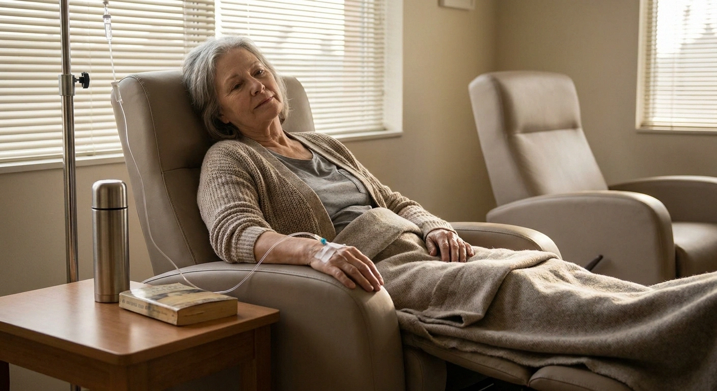 Woman resting under a blanket in an infusion recliner in warm afternoon light.