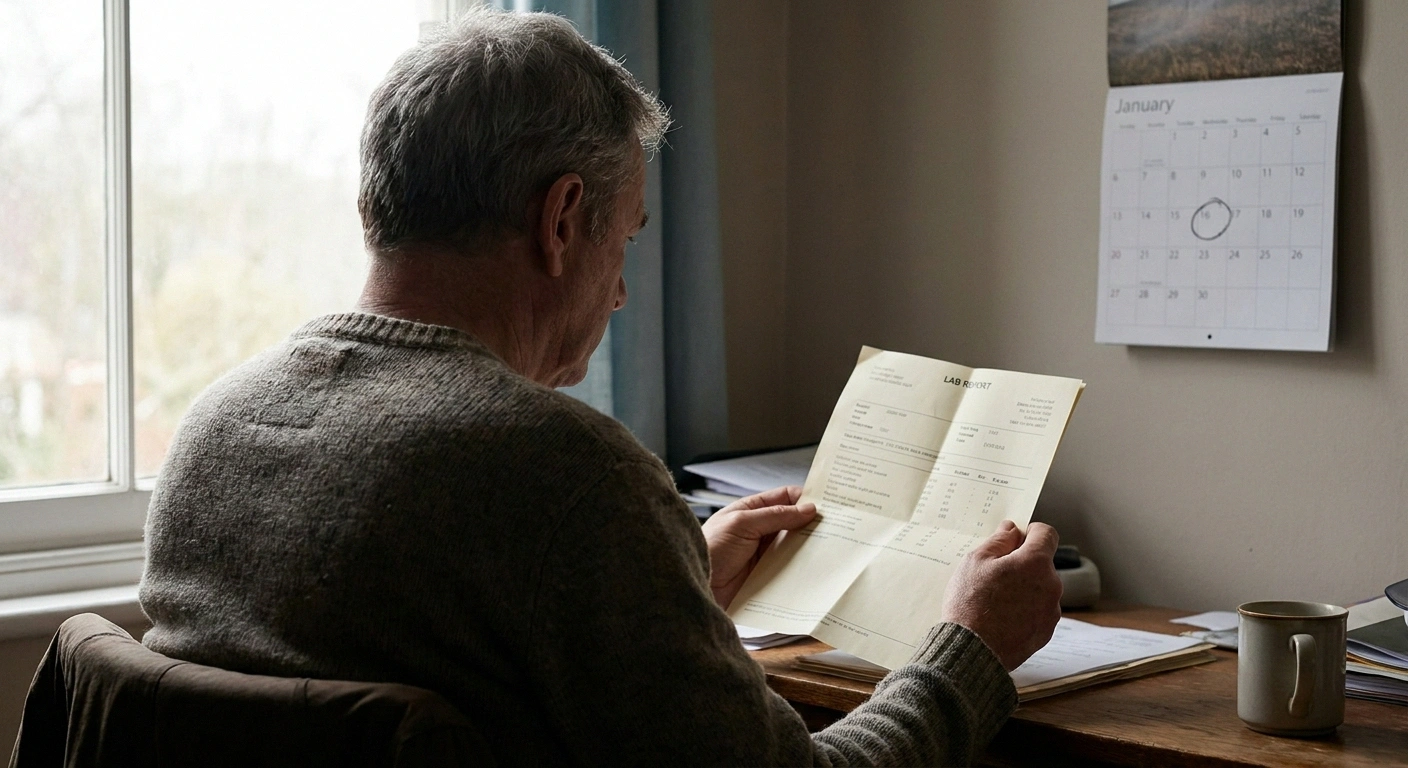 Man at a home desk reviewing a lab report beside a calendar with a circled date.