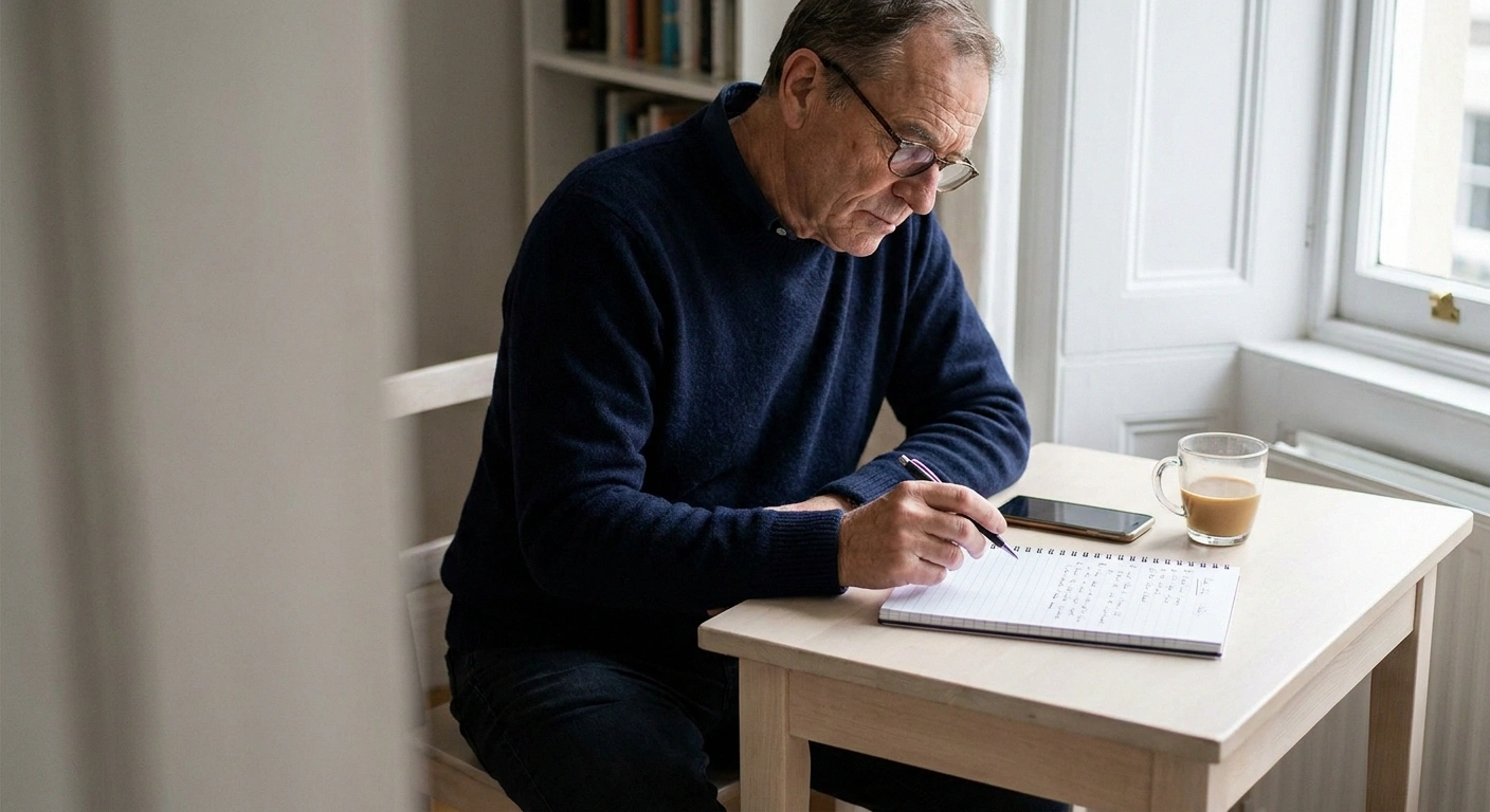 Man at a writing desk making a short numbered list in a notebook before an appointment.