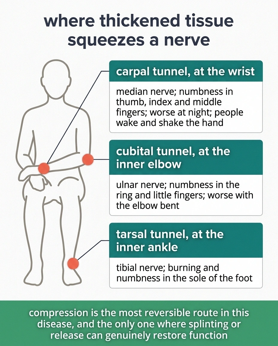 Diagram of carpal, cubital and tarsal tunnel compression sites with their symptom patterns.