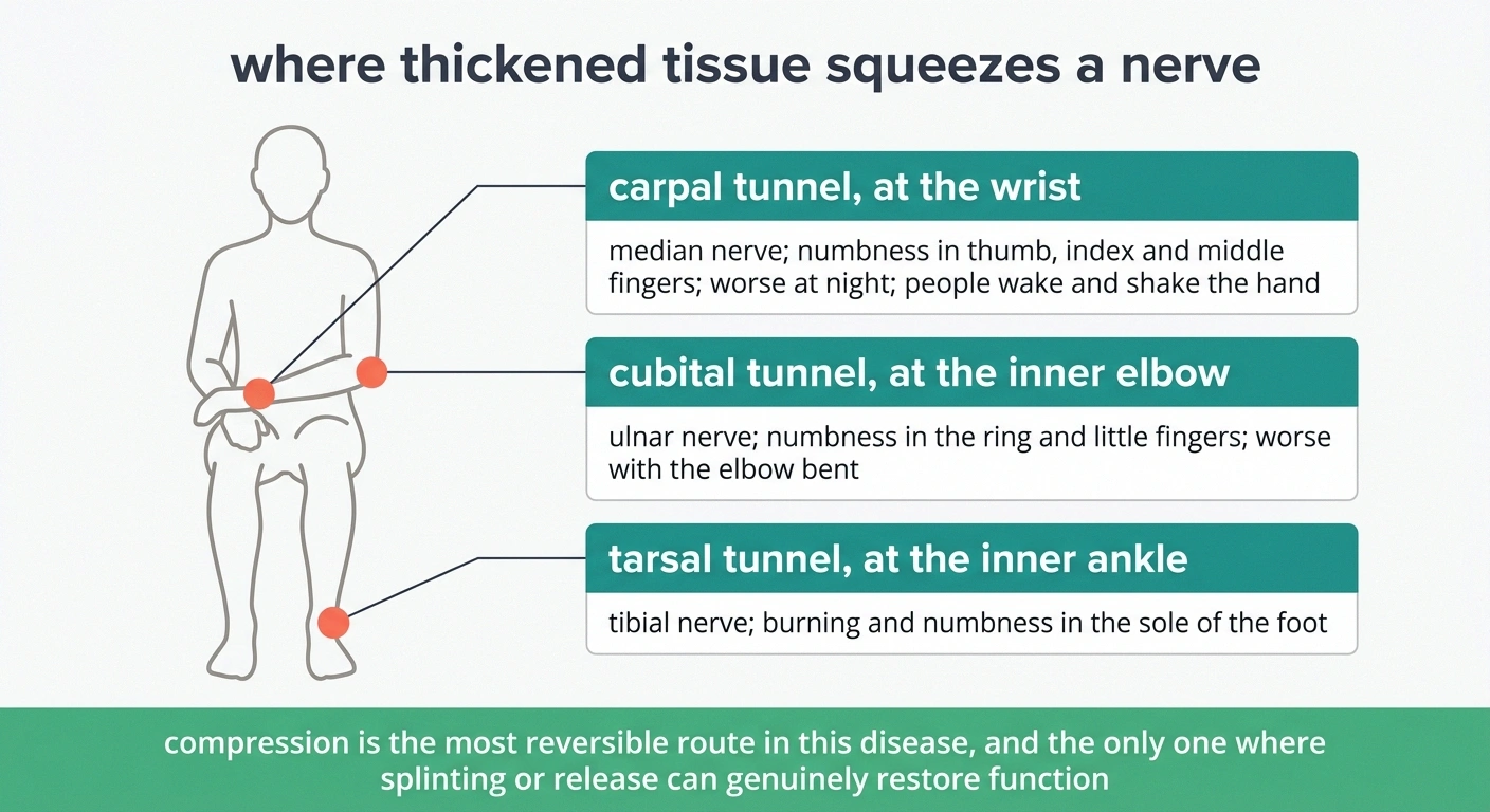 Diagram of carpal, cubital and tarsal tunnel compression sites with their symptom patterns.