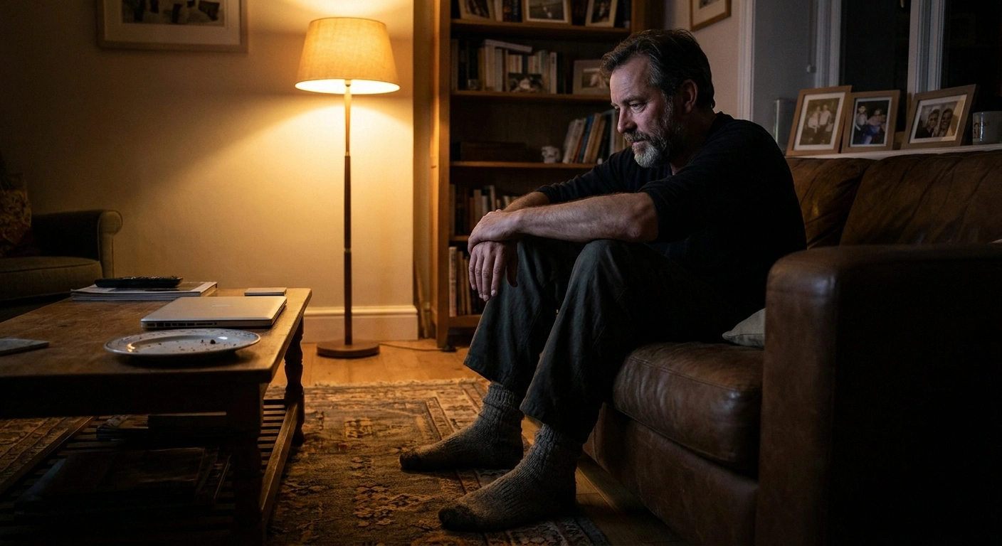 Man sitting on the edge of a sofa in lamplight with his feet resting on a rug.
