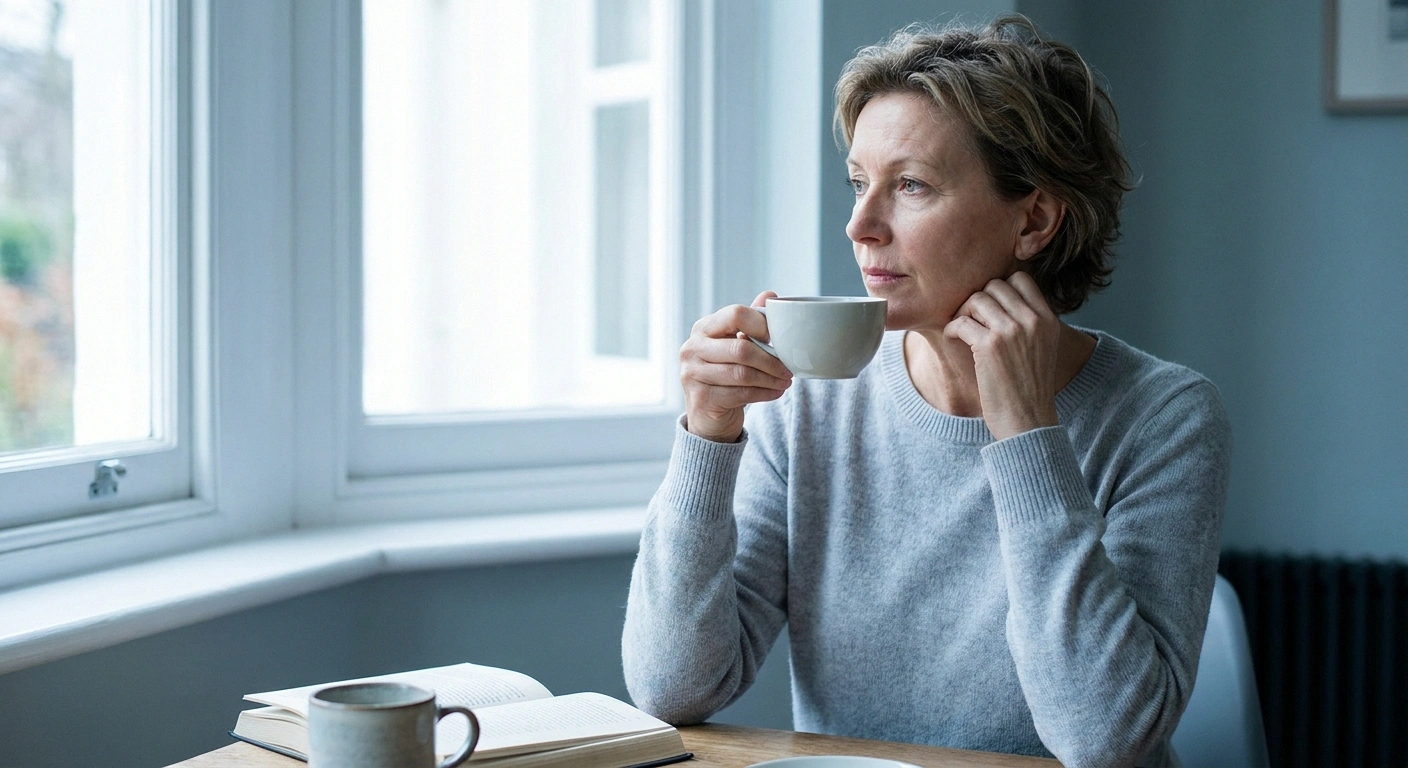 Woman pausing mid-sip of tea with one hand resting lightly against her jaw.