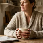 Woman at a kitchen table holding a ceramic mug with both hands for warmth.