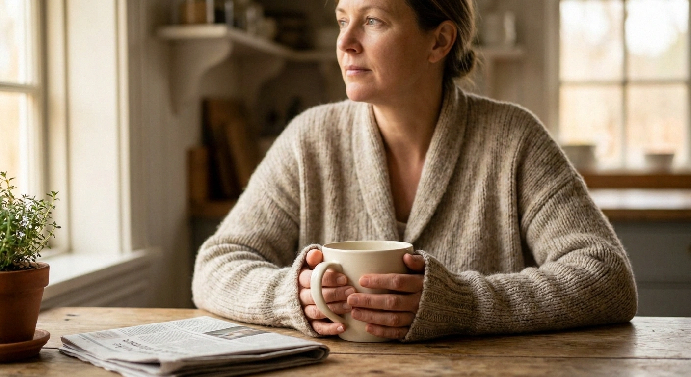 Woman at a kitchen table holding a ceramic mug with both hands for warmth.